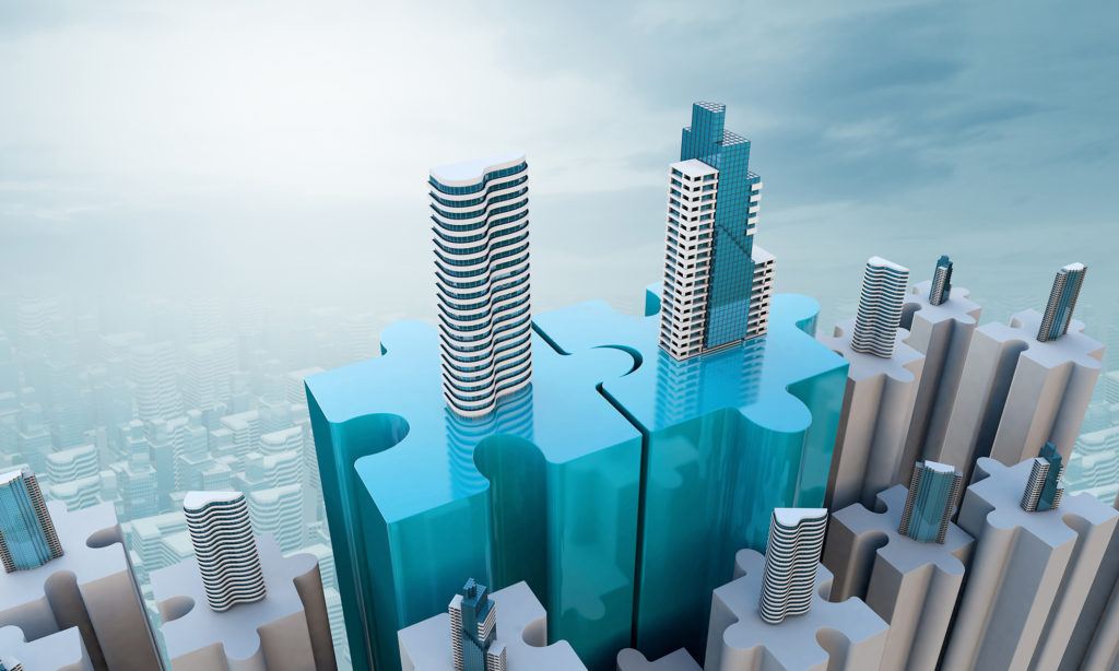 Puzzle piece graphics representing skyscrapers