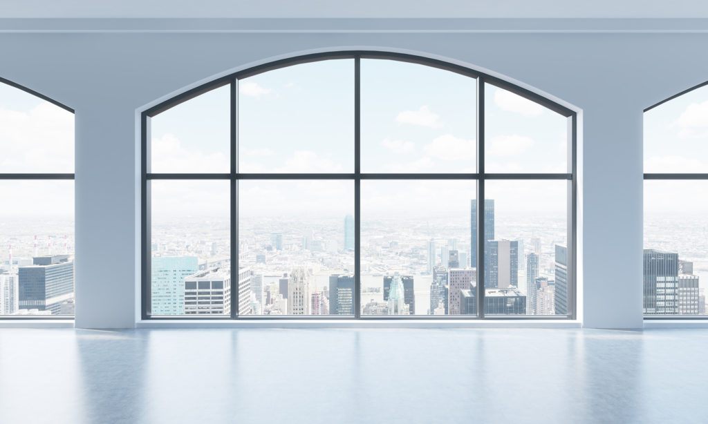 Loft interior, city skyline